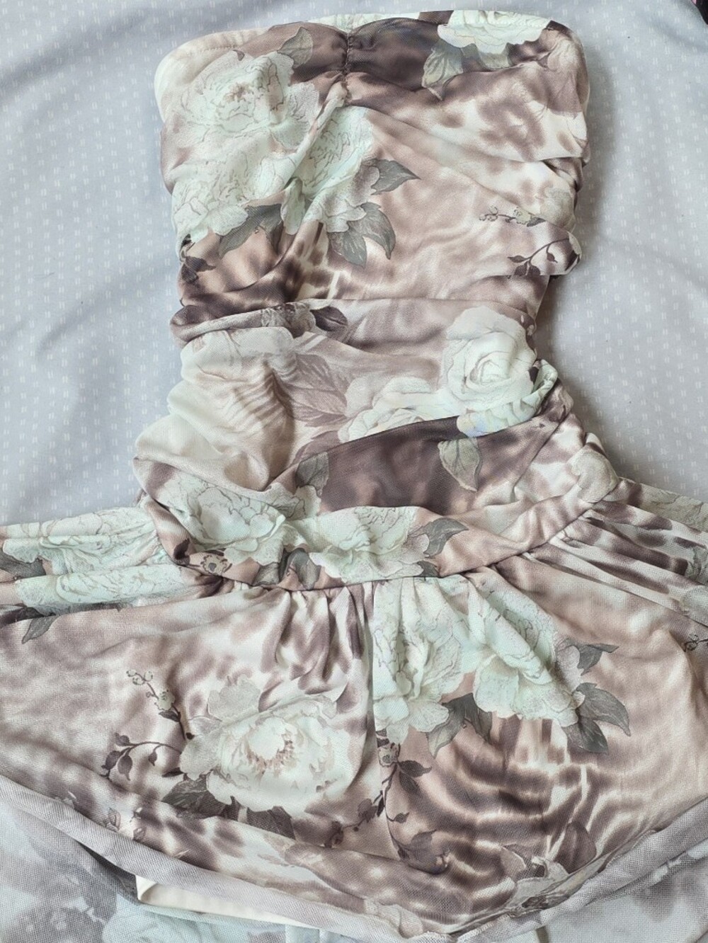 Strapless Floral Satin Dress in Blush Taupe